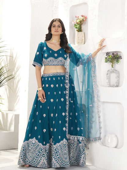 Odette Teal Georgette Embroidered Semi-Stitched lehenga For Women