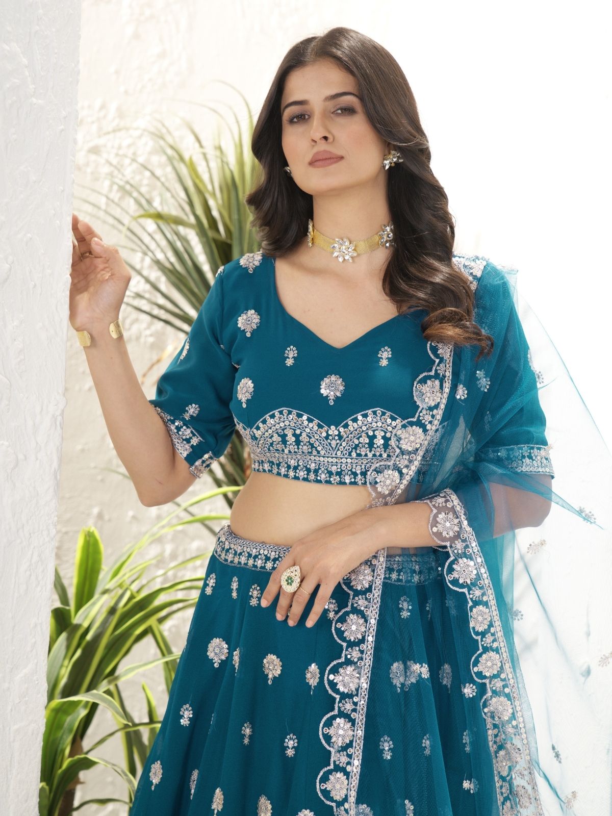 Odette Teal Georgette Embroidered Semi-Stitched lehenga For Women