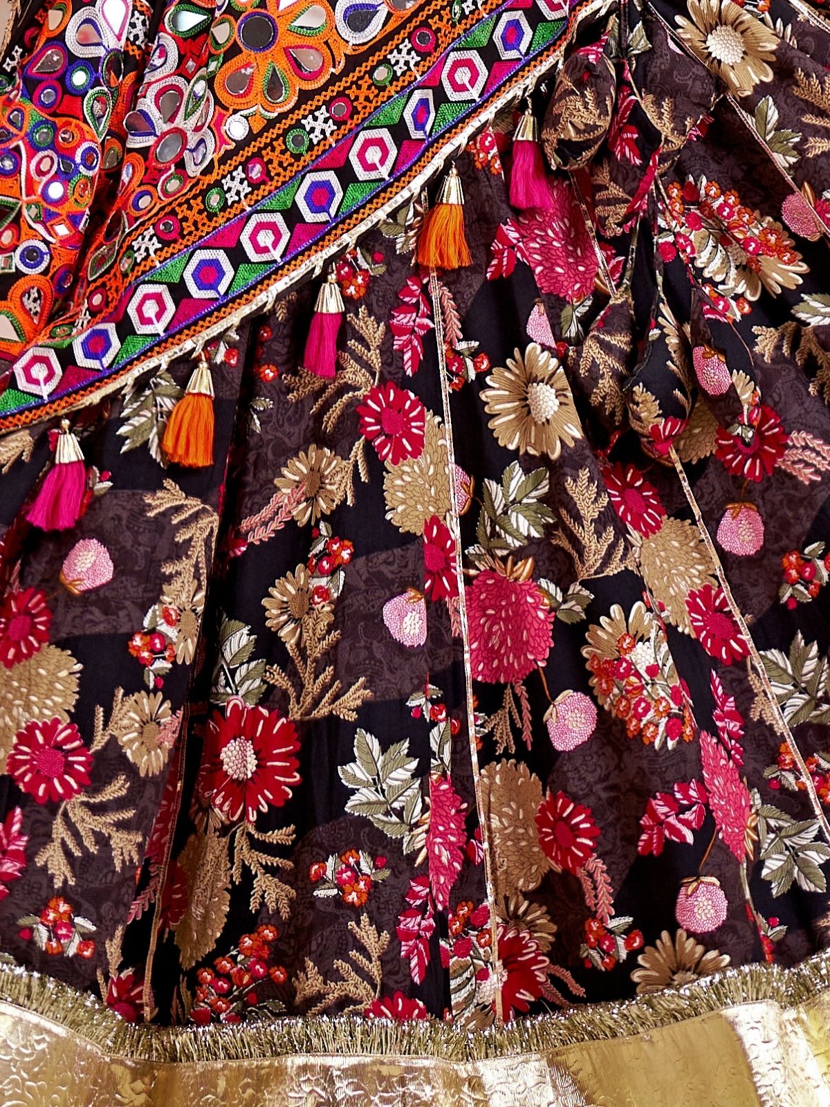 Odette Black Cotton Blend Embroidered Semi-Stitched Lehenga For Women