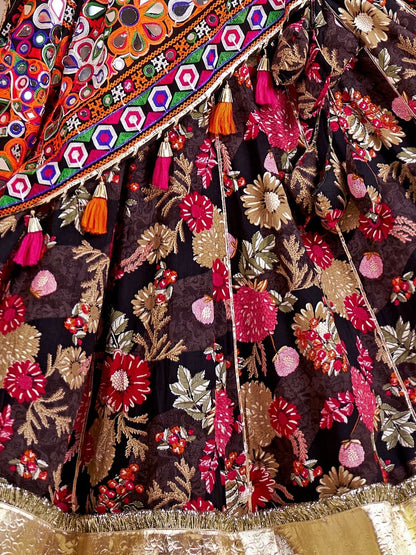 Odette Black Cotton Blend Embroidered Semi-Stitched Lehenga For Women