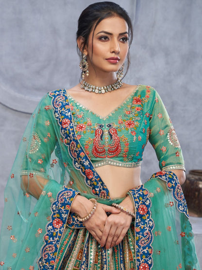 Odette Green Organza Embellished Semi-Stitched Lehenga With Unstitched Blouse For Women