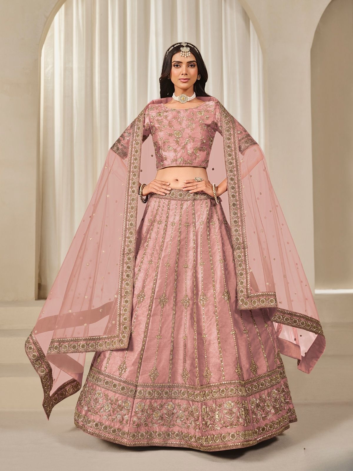 Odette Pink Art Silk Embroidered Semi-Stitched lehenga For Women