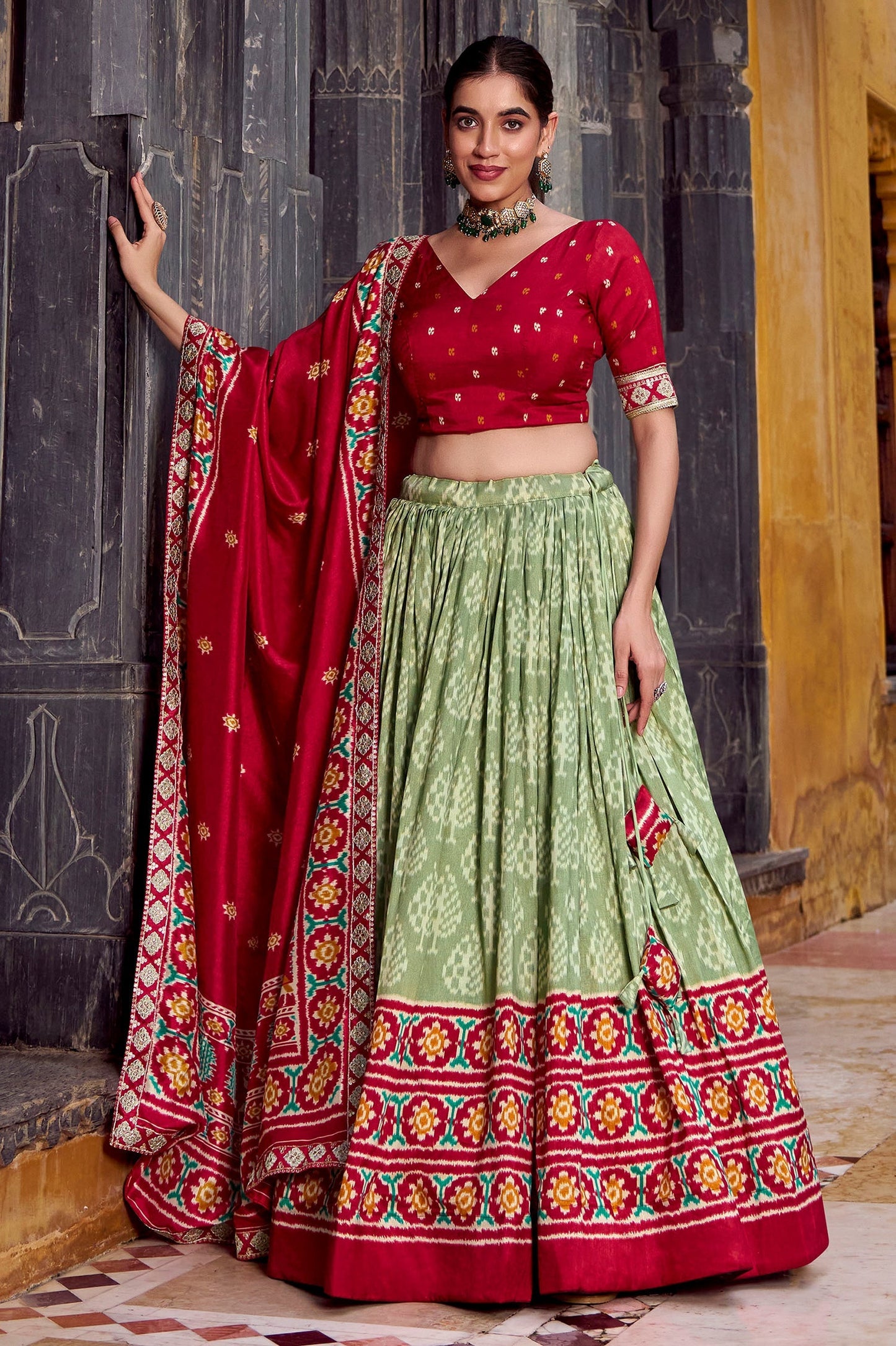 Sea Green Tussar Silk Printed Lehenga Choli