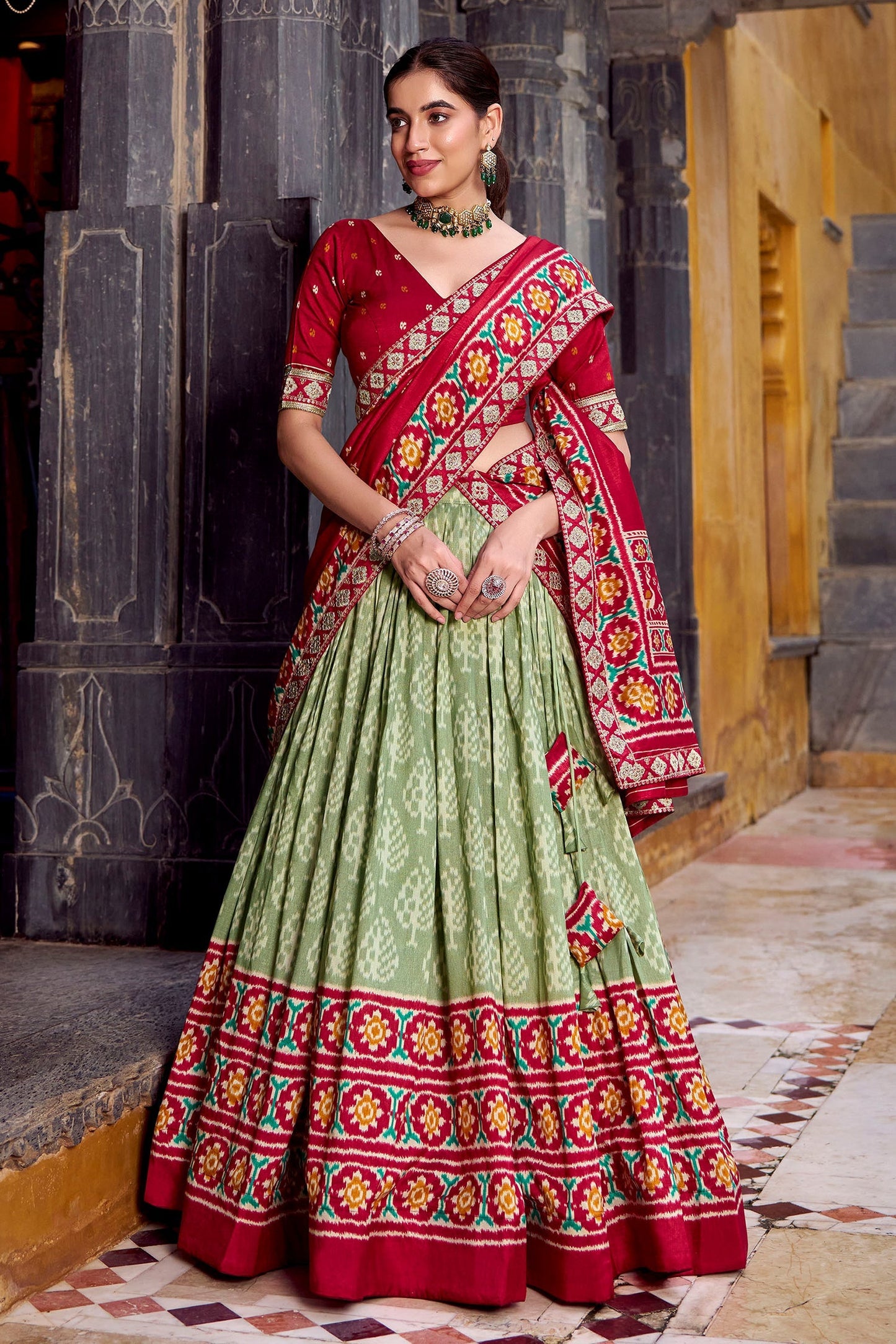 Sea Green Tussar Silk Printed Lehenga Choli