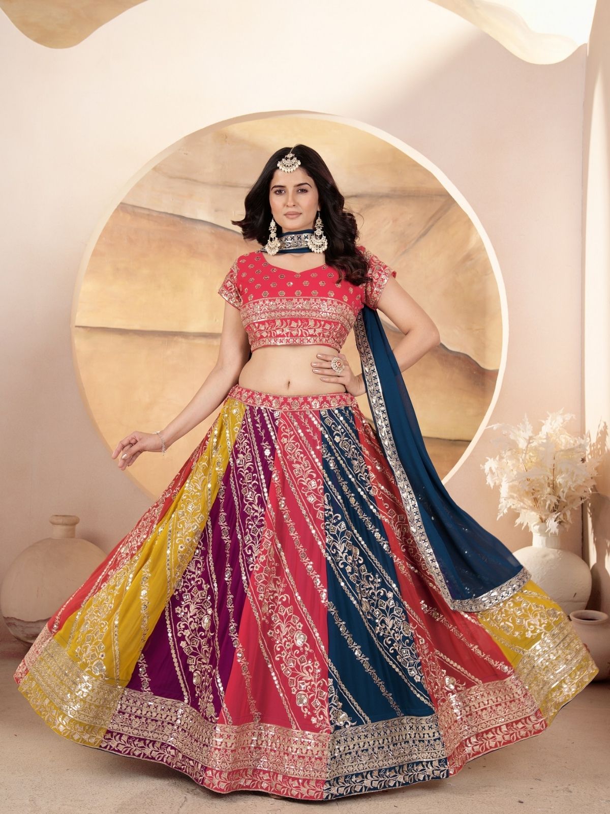 Odette Multicolor Georgette Embroidered Semi-Stitched lehenga For Women