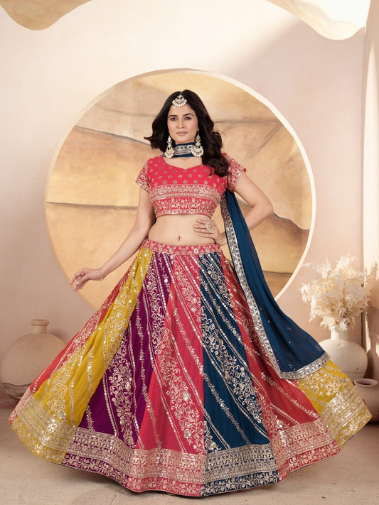 Odette Multicolor Georgette Embroidered Semi-Stitched lehenga For Women