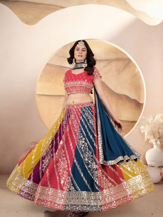 Odette Multicolor Georgette Embroidered Semi-Stitched lehenga For Women