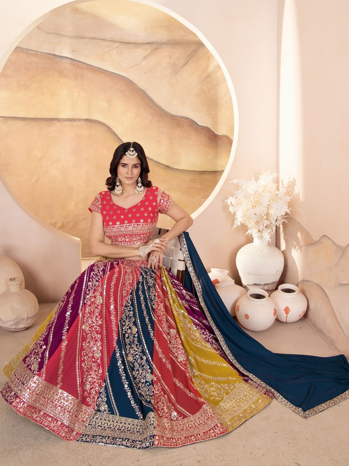 Odette Multicolor Georgette Embroidered Semi-Stitched lehenga For Women