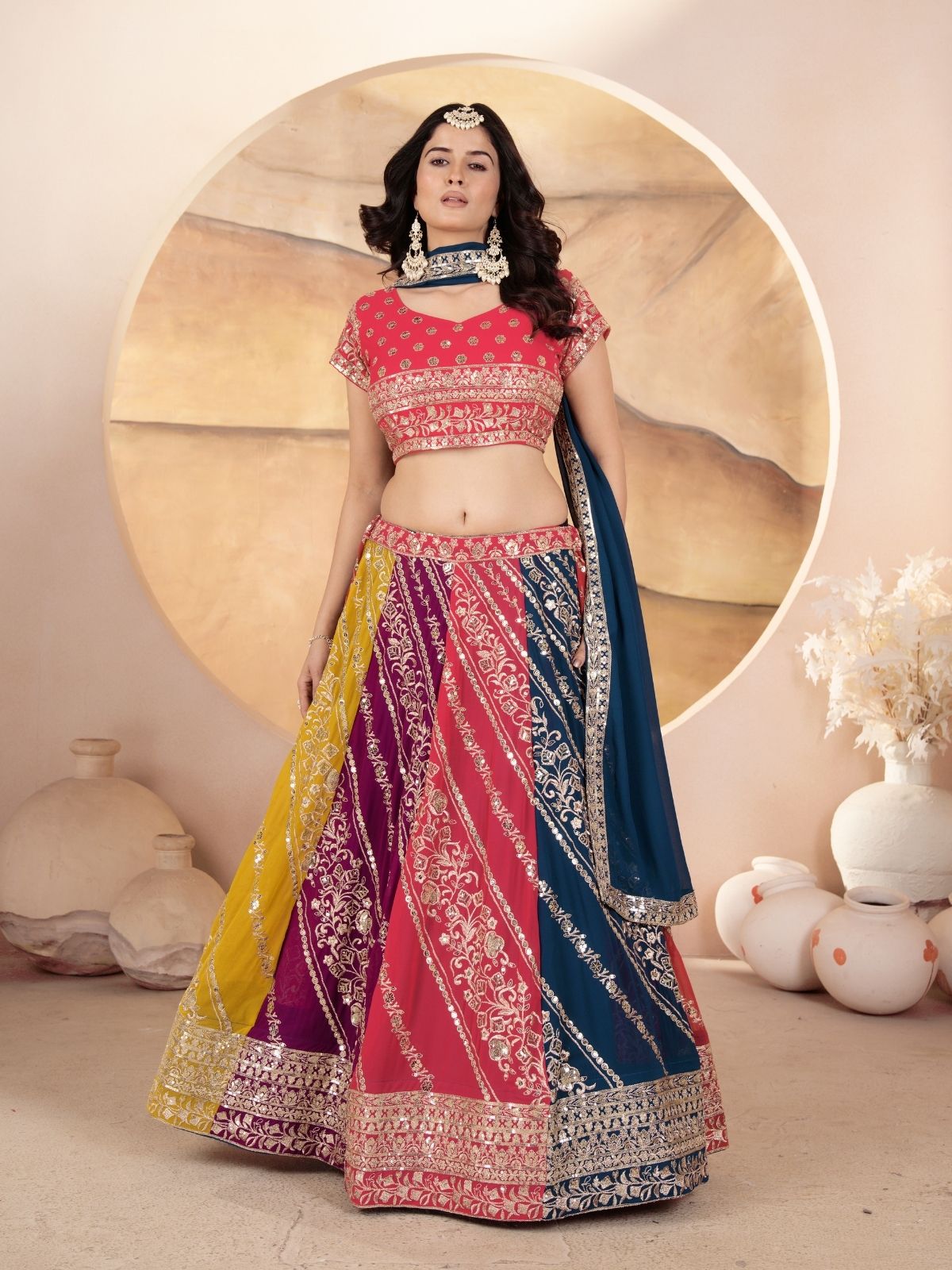 Odette Multicolor Georgette Embroidered Semi-Stitched lehenga For Women
