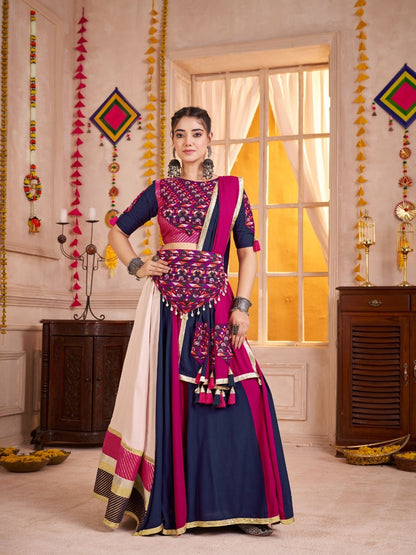 Odette Multicolor Cotton Blend Solid With Golden Border Semi-Stitched Lehenga For Women