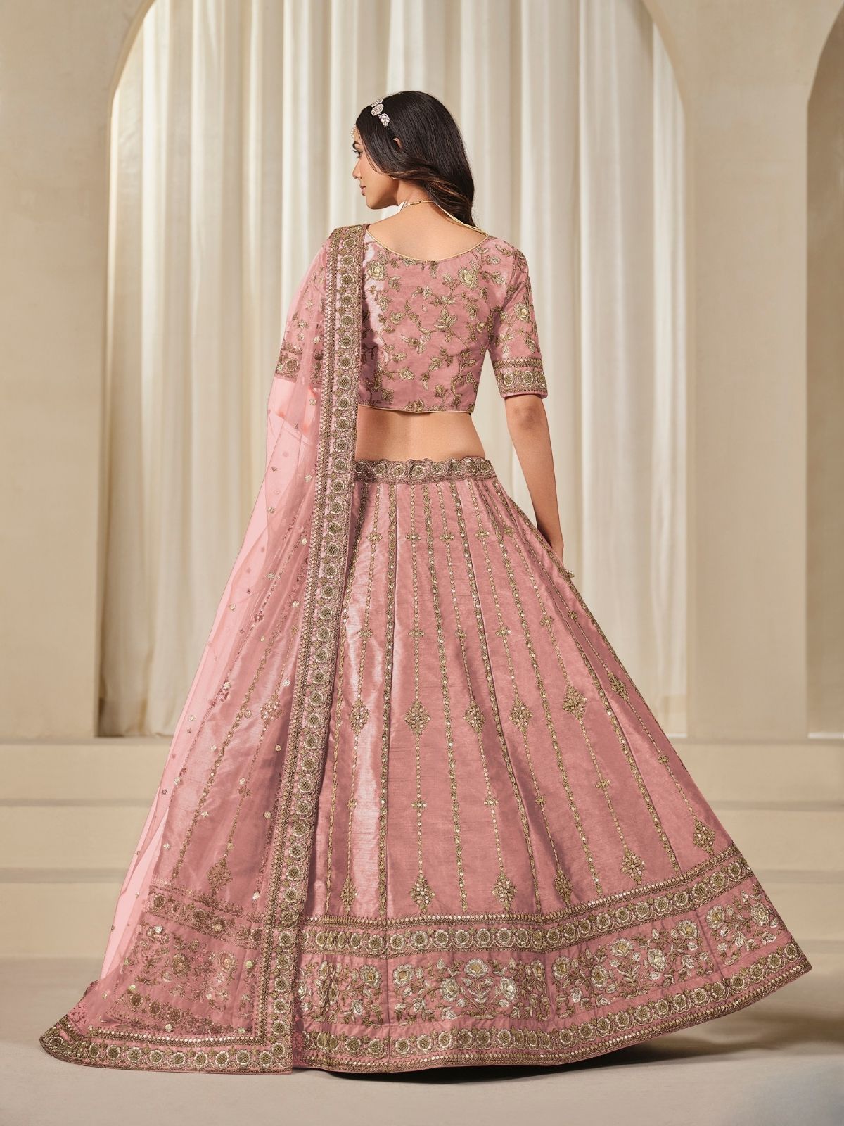 Odette Pink Art Silk Embroidered Semi-Stitched lehenga For Women