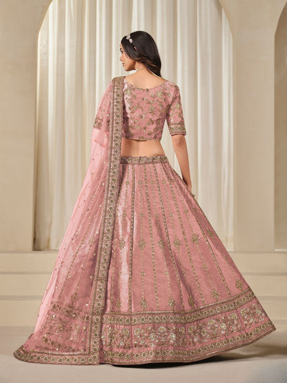Odette Pink Art Silk Embroidered Semi-Stitched lehenga For Women