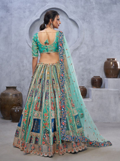 Odette Green Organza Embellished Semi-Stitched Lehenga With Unstitched Blouse For Women