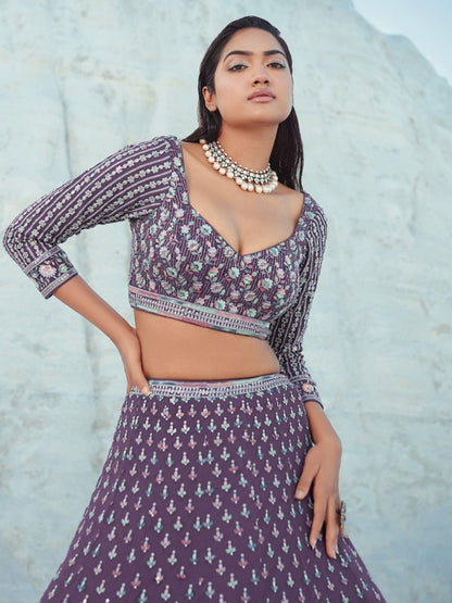 Odette Purple Georgette Embellished Semi-Stitched lehenga For Women