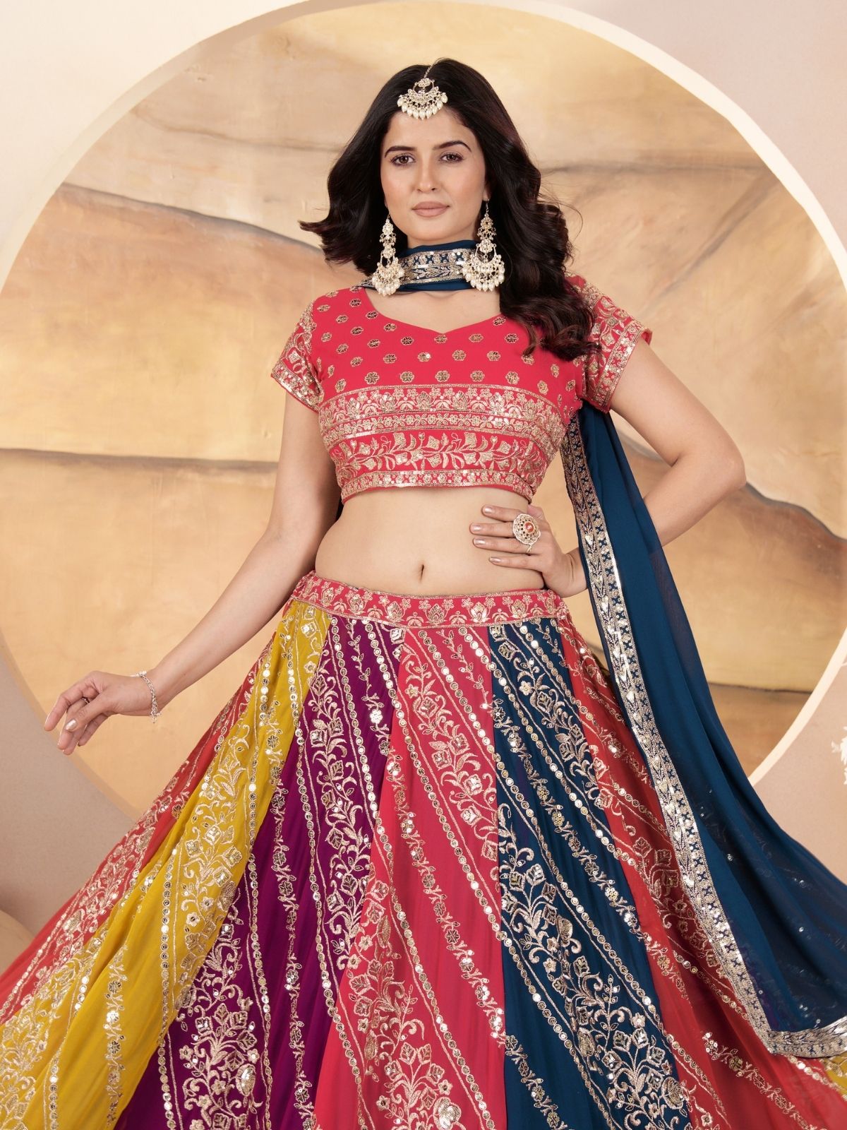 Odette Multicolor Georgette Embroidered Semi-Stitched lehenga For Women