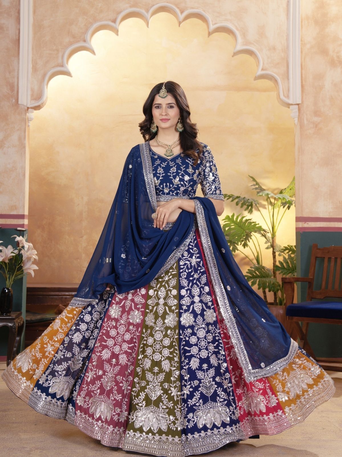 Odette Multicolor Georgette Embroidered Semi-Stitched lehenga For Women