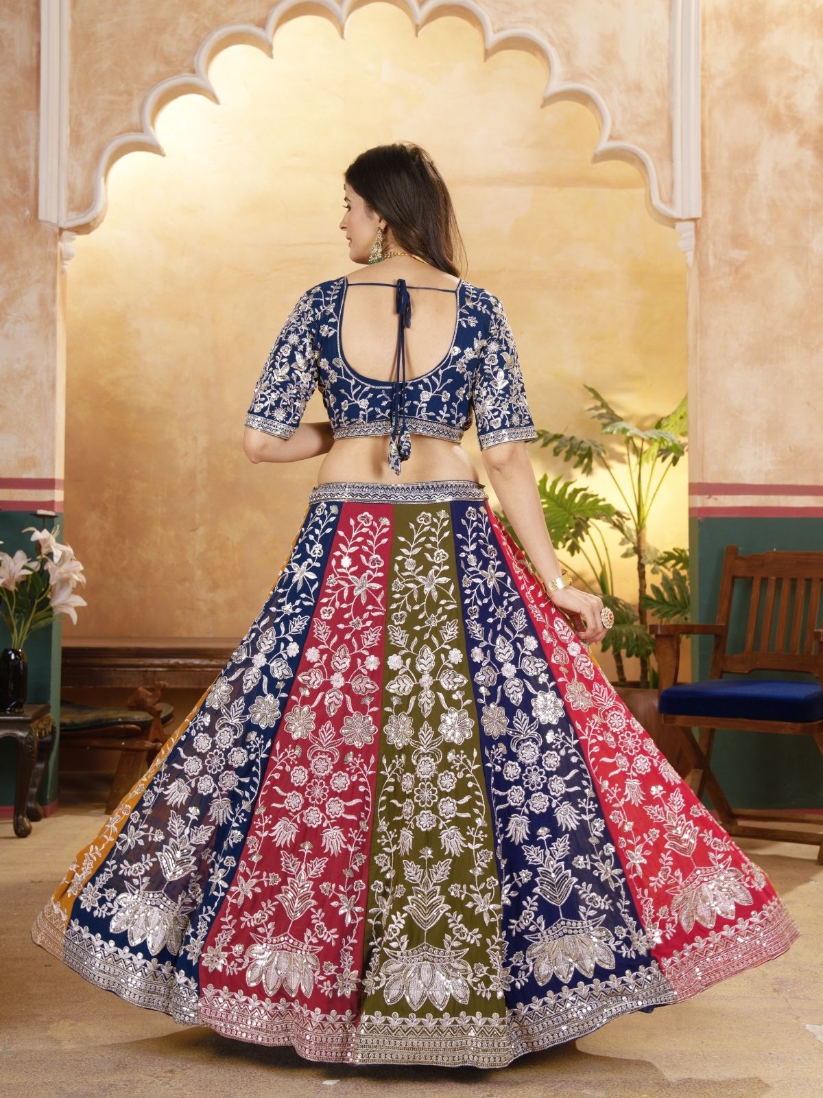 Odette Multicolor Georgette Embroidered Semi-Stitched lehenga For Women