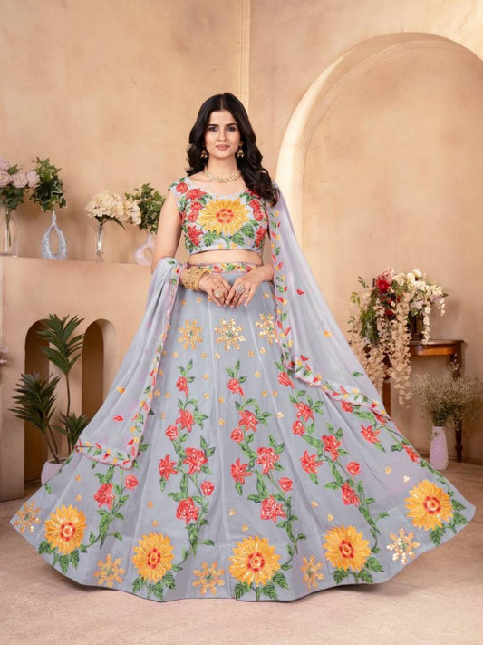 Odette Grey Georgette Embroidered Semi-Stitched lehenga For Women