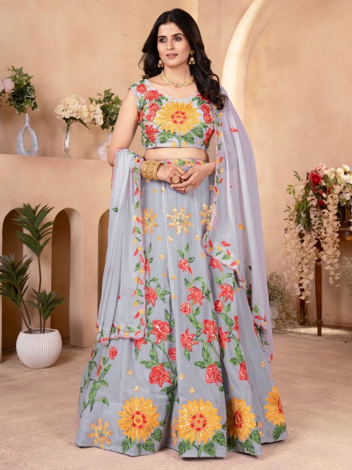 Odette Grey Georgette Embroidered Semi-Stitched lehenga For Women