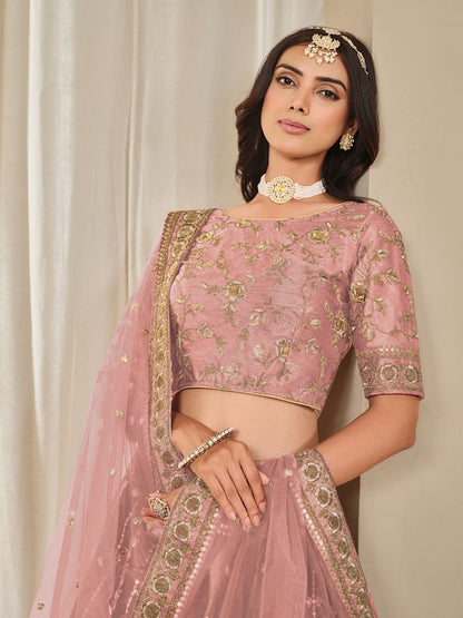Odette Pink Art Silk Embroidered Semi-Stitched lehenga For Women