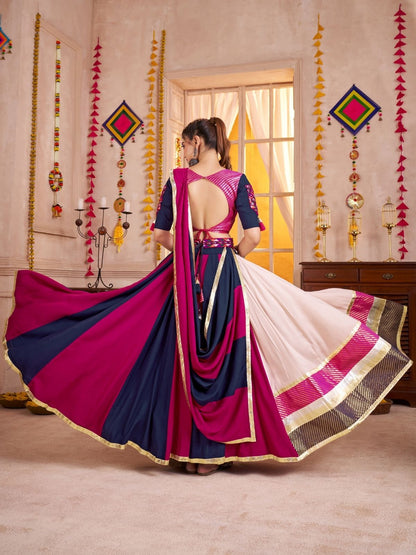 Odette Multicolor Cotton Blend Solid With Golden Border Semi-Stitched Lehenga For Women