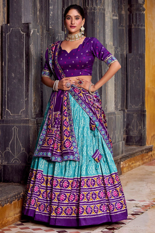 Blue Tussar Silk Printed Lehenga Choli