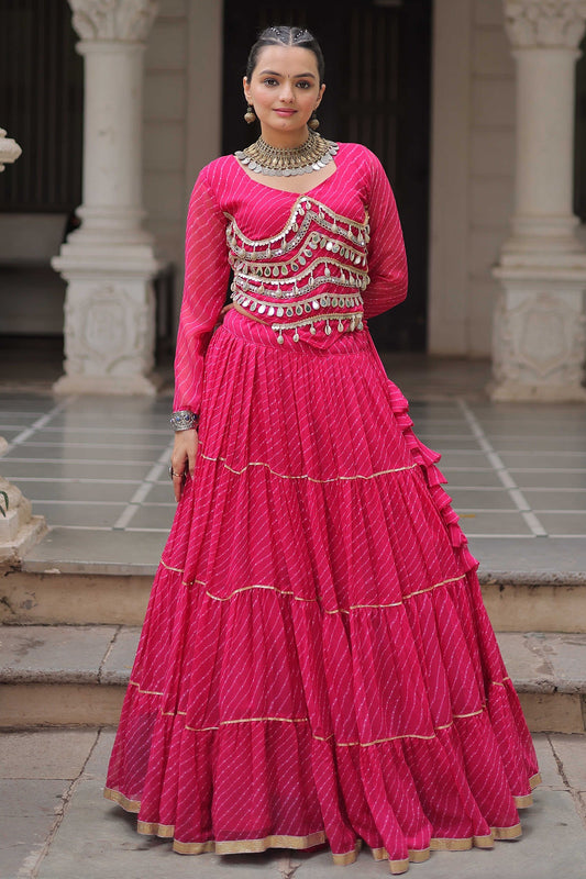 Pink Flared Georgette Chaniya Choli with Leheriya Print Work