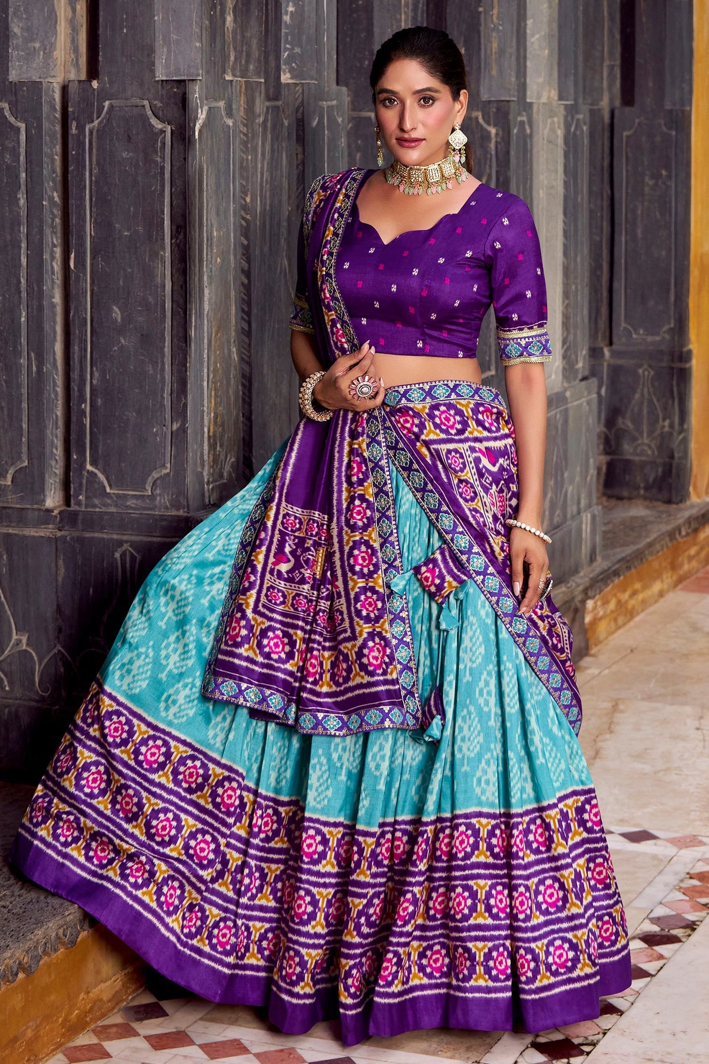 Blue Tussar Silk Printed Lehenga Choli