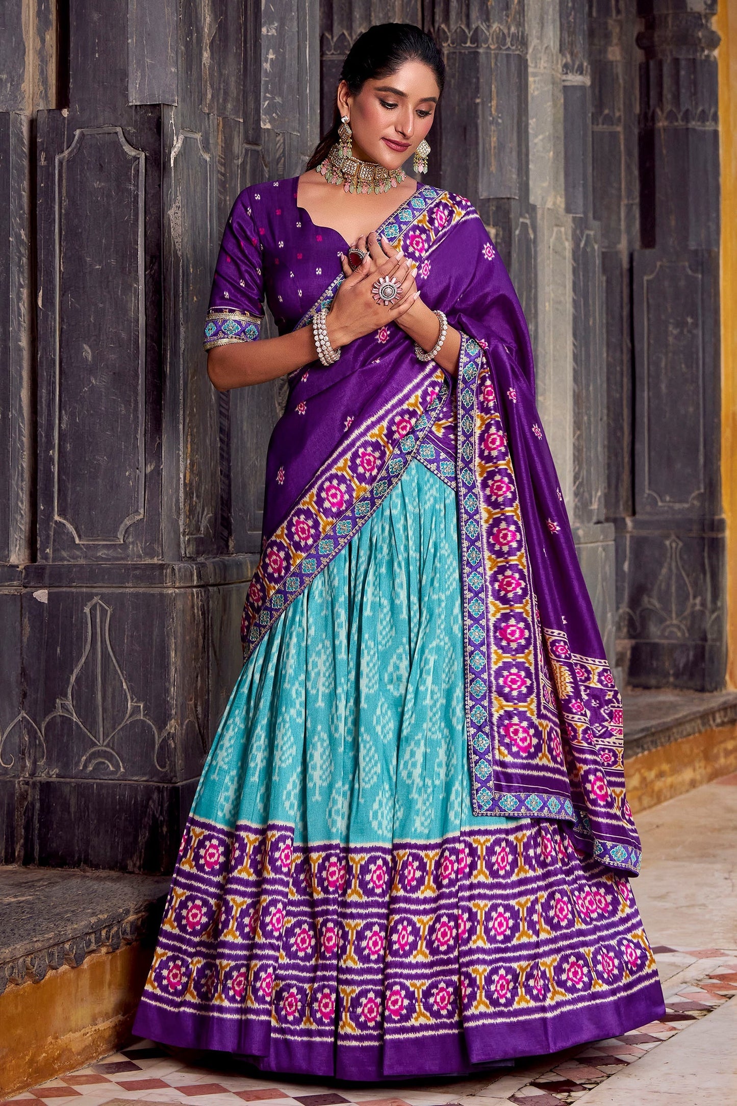 Blue Tussar Silk Printed Lehenga Choli