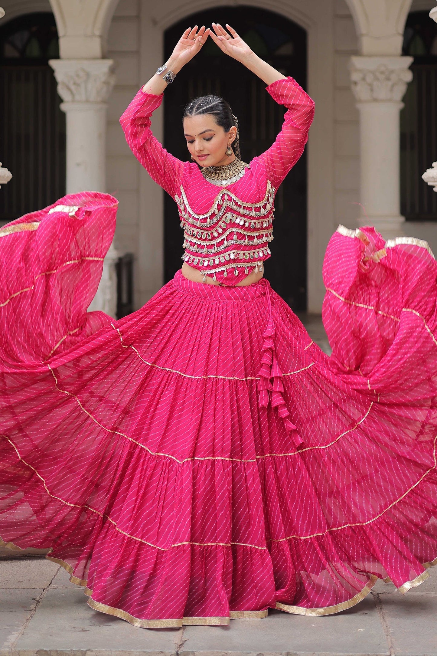 Pink Flared Georgette Chaniya Choli with Leheriya Print Work