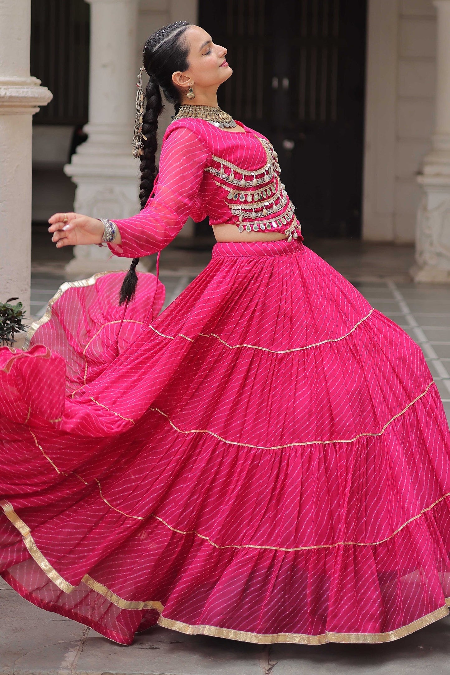 Pink Flared Georgette Chaniya Choli with Leheriya Print Work