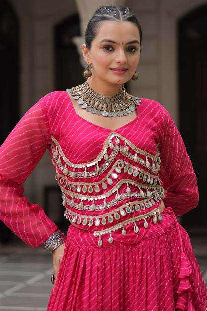 Pink Flared Georgette Chaniya Choli with Leheriya Print Work