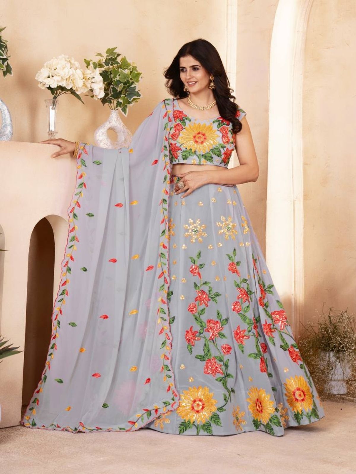 Odette Grey Georgette Embroidered Semi-Stitched lehenga For Women