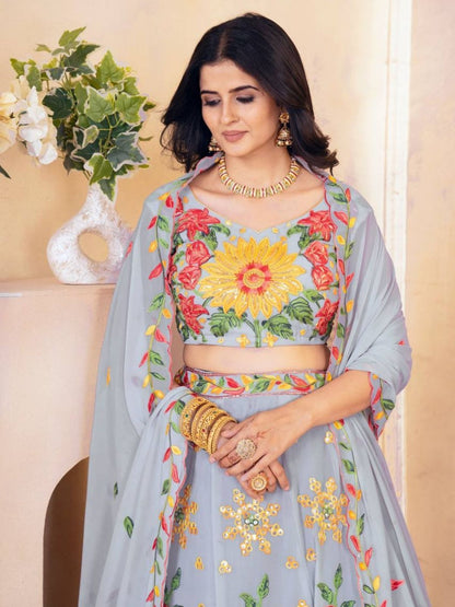 Odette Grey Georgette Embroidered Semi-Stitched lehenga For Women