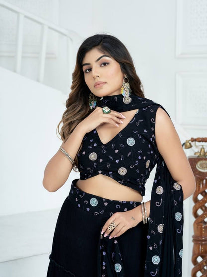 Odette Black Georgette Embroidered Semi-Stitched lehenga For Women