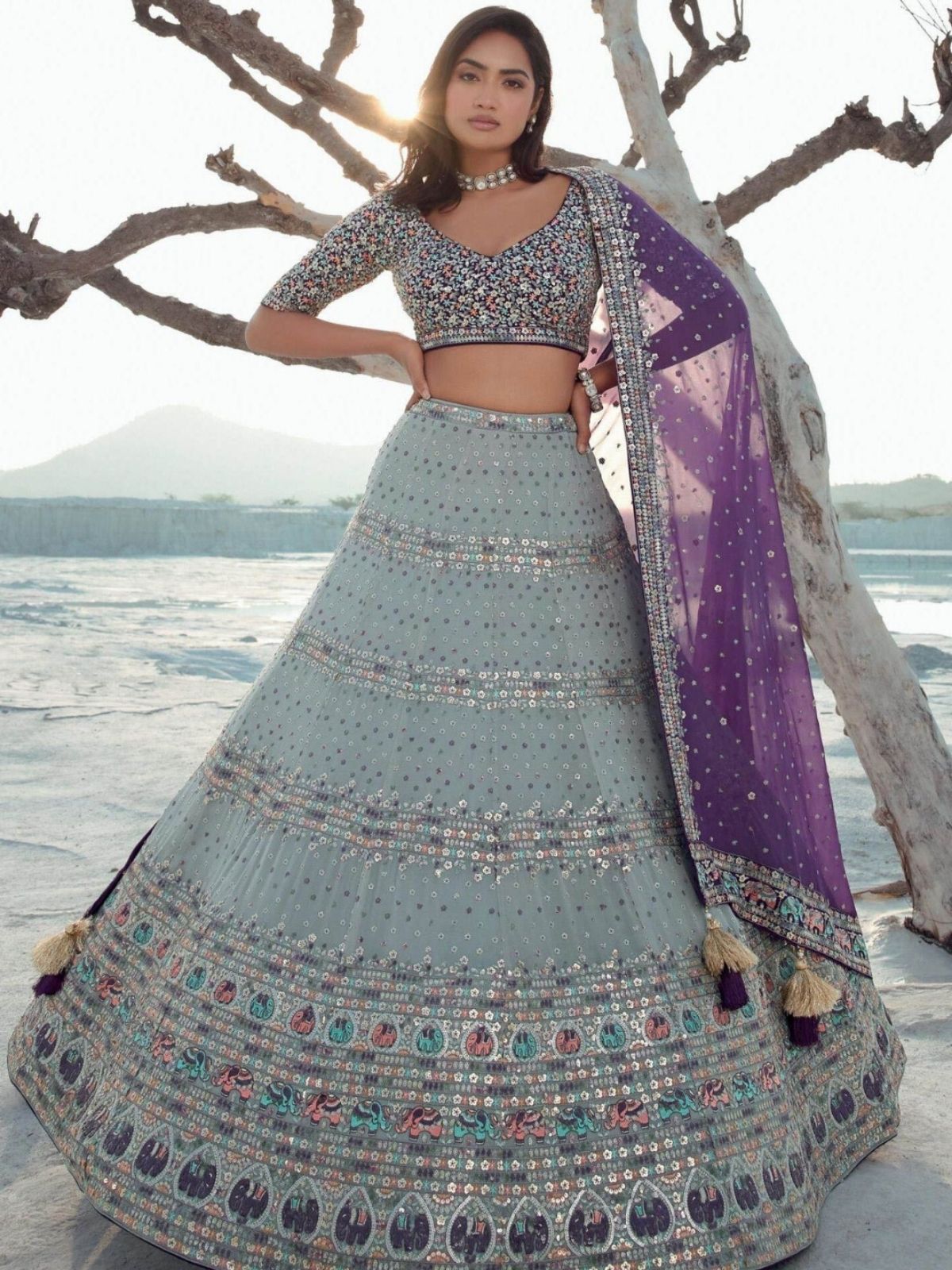 Odette Grey Georgette Embellished Semi-Stitched lehenga For Women