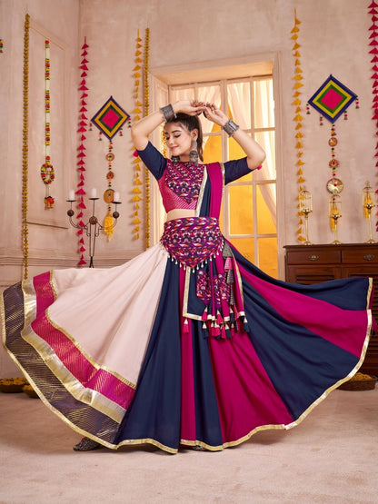 Odette Multicolor Cotton Blend Solid With Golden Border Semi-Stitched Lehenga For Women