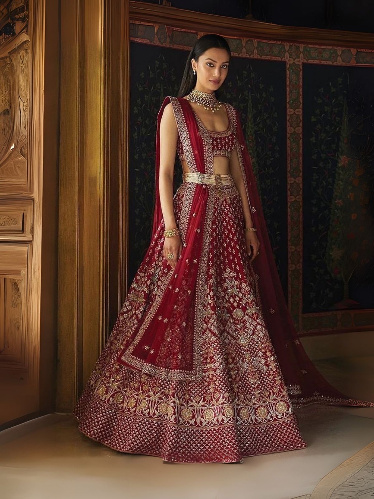 Odette Maroon Silk Blend Embroidered Semi-Stitched Lehenga For Women