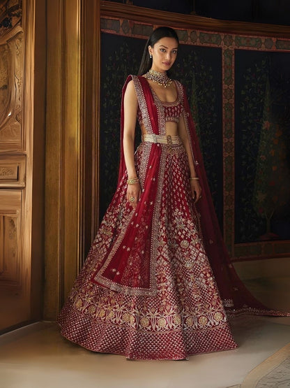 Odette Maroon Silk Blend Embroidered Semi-Stitched Lehenga For Women