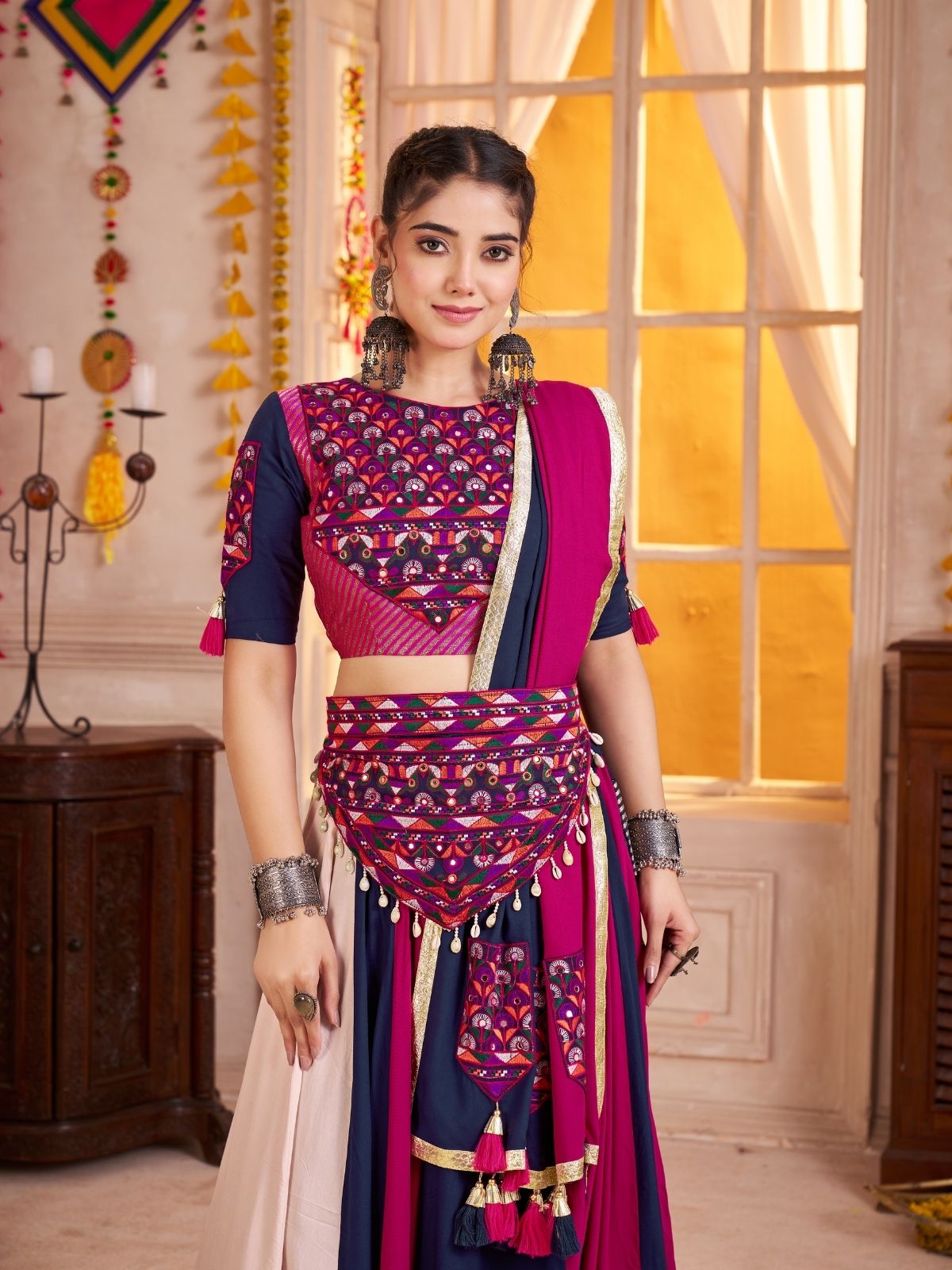 Odette Multicolor Cotton Blend Solid With Golden Border Semi-Stitched Lehenga For Women