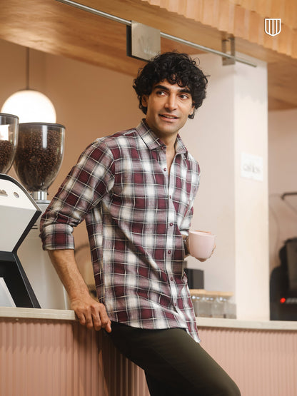 Burgundy Checked Cotton Casual Shirt