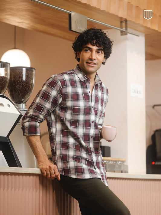 Burgundy Checked Cotton Casual Shirt