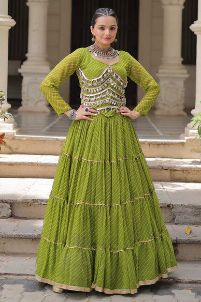 Perrot Green Flared Georgette Chaniya Choli with Leheriya Print Work