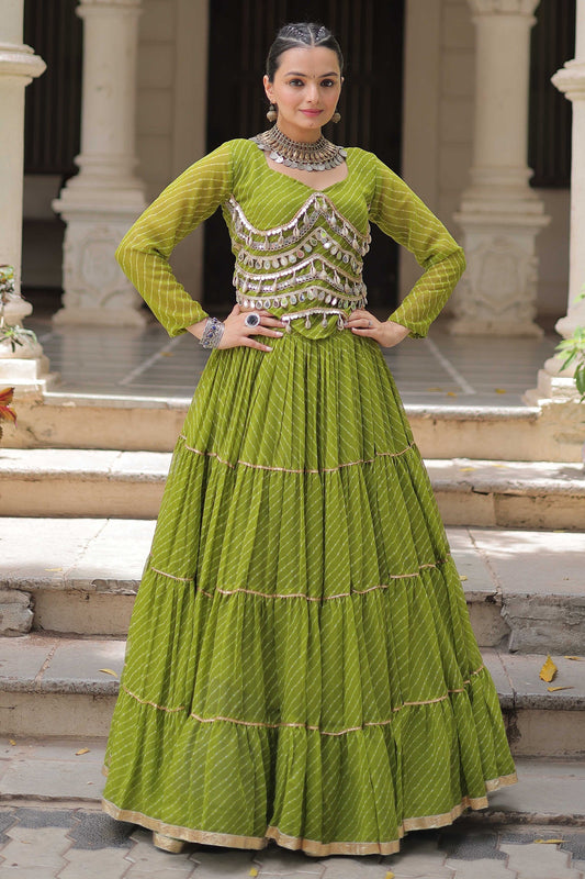 Perrot Green Flared Georgette Chaniya Choli with Leheriya Print Work