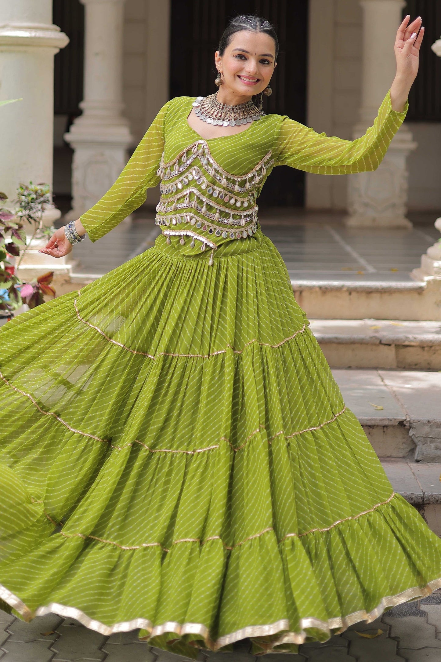 Perrot Green Flared Georgette Chaniya Choli with Leheriya Print Work