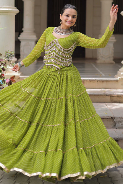 Perrot Green Flared Georgette Chaniya Choli with Leheriya Print Work