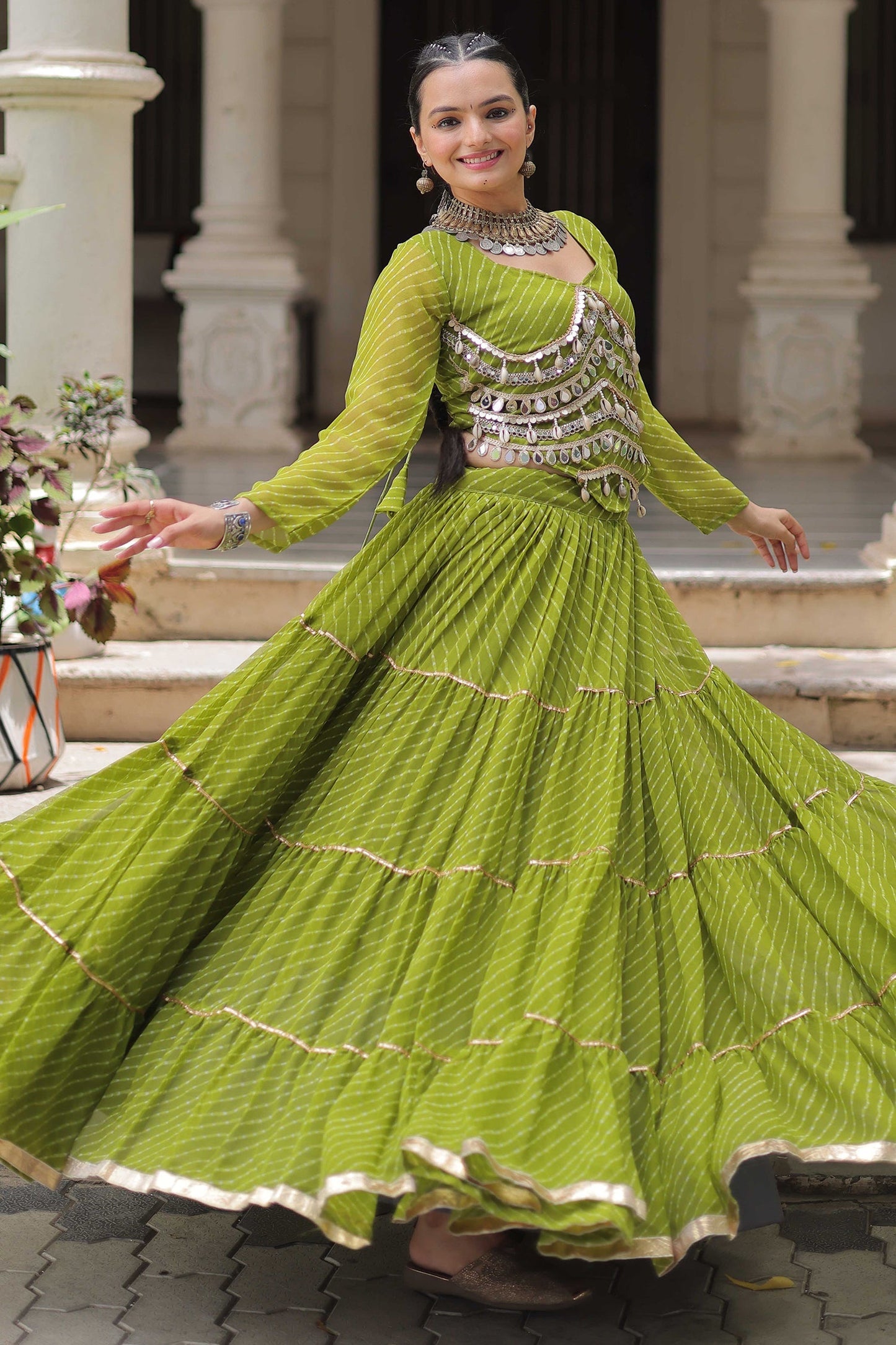 Perrot Green Flared Georgette Chaniya Choli with Leheriya Print Work