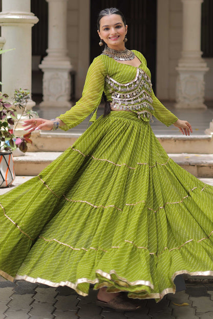 Perrot Green Flared Georgette Chaniya Choli with Leheriya Print Work
