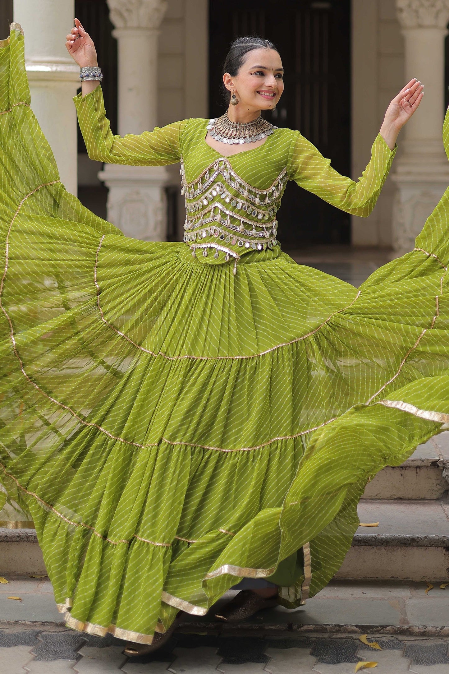 Perrot Green Flared Georgette Chaniya Choli with Leheriya Print Work