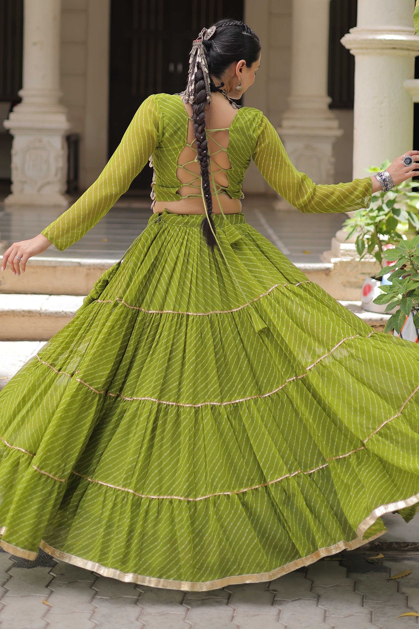 Perrot Green Flared Georgette Chaniya Choli with Leheriya Print Work